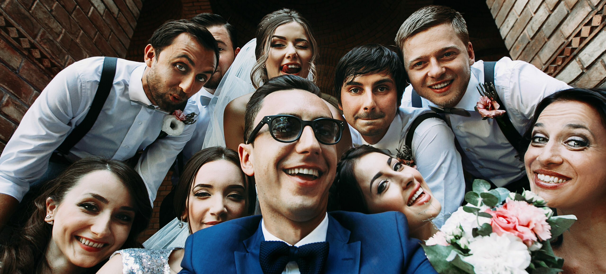 Handsome,Groom,Selfie,With,Fun,Beautiful,Bridesmaids,&,Groomsmen