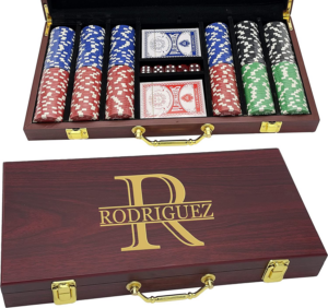 Personalized Poker Set Gift with 300 Chips Customized Rosewood Finish Box Engraved with Custom Name Monogram - Wedding, Engagement