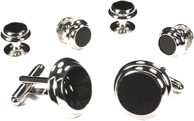 David's Formal Wear Black Onyx Double Circle Edge Tuxedo Studs and Cufflinks