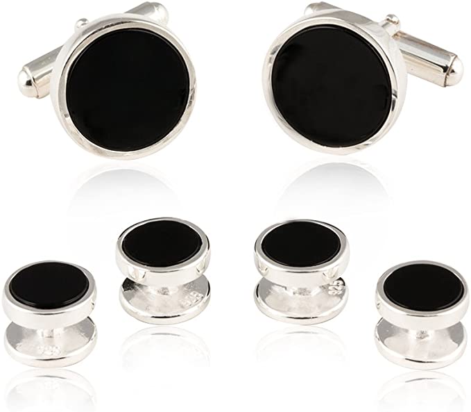 Mens Sterling Silver Black Onyx Cufflinks and Studs Formal Set