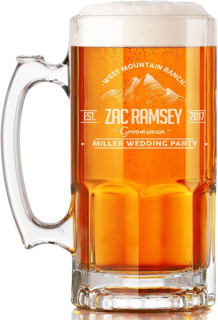 Spotted Dog Company Etched 34oz Glass Beer Mug, Customized Engraved Groomsmen Gift
