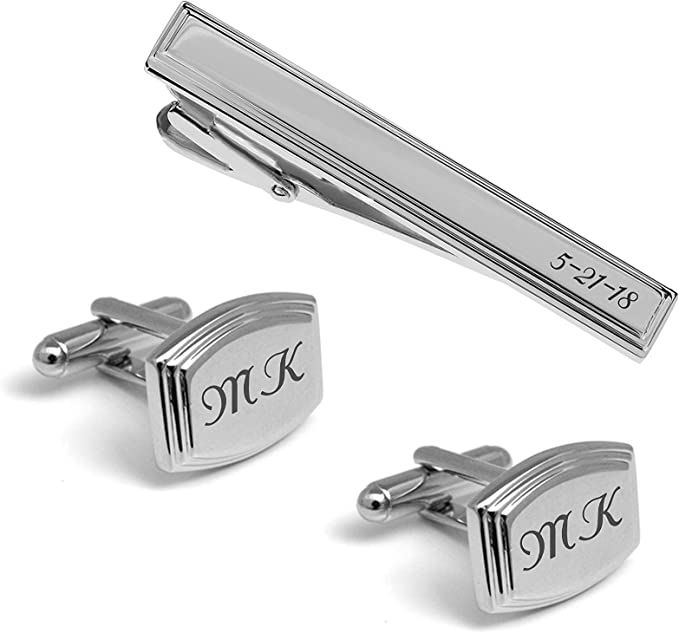 Personalized Silver Beveled Edge Cufflinks & Tie Clip Set