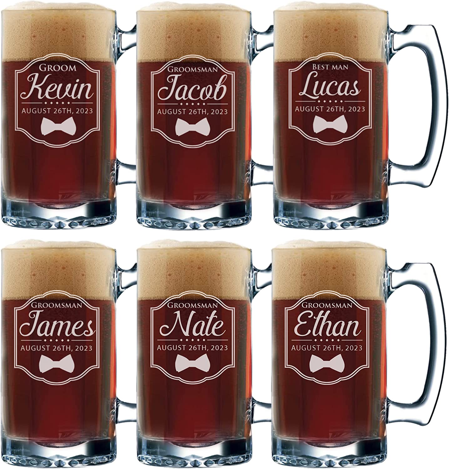 Custom Personalized Groomsmen Beer Mug Glasses - Frame Style 12 oz (6)