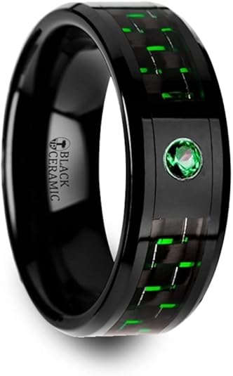 Mens Ceramic Black and Green Carbon Fiber Emerald Ring