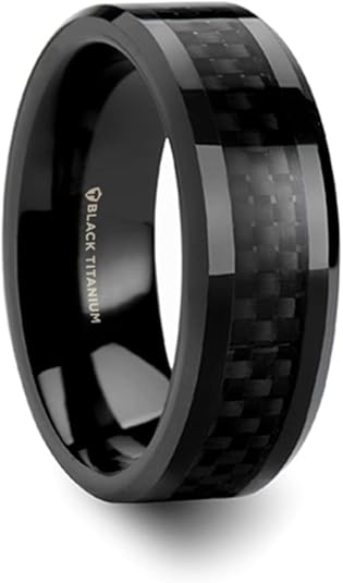 Mens Black Titanium Black Carbon Fiber Inlaid Wedding Ring