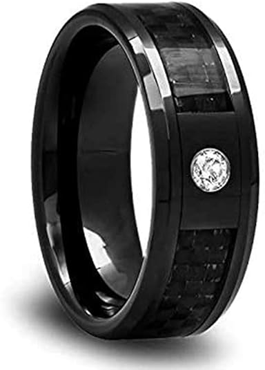 Black Ceramic Diamond Wedding Band with Carbon Fiber Inlay