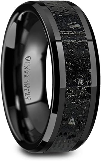 Polished Black Ceramic Wedding Band with Black & Gray Lava Rock