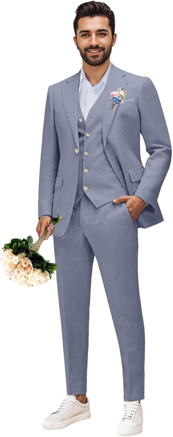 Wemaliyzd Mens Linen Suit 3 Piece Summer Beach Wedding Tux