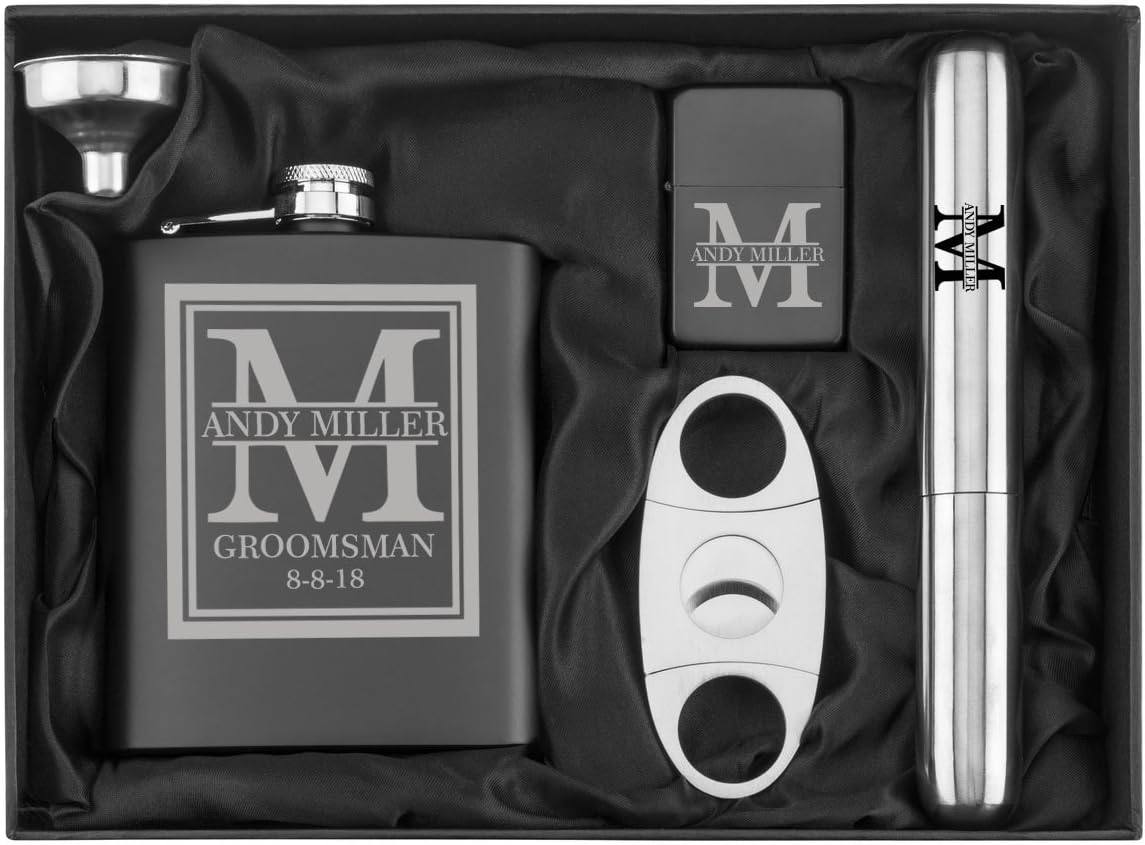 Deluxe Engraved Flask Cigar Cutter Lighter Gift Box