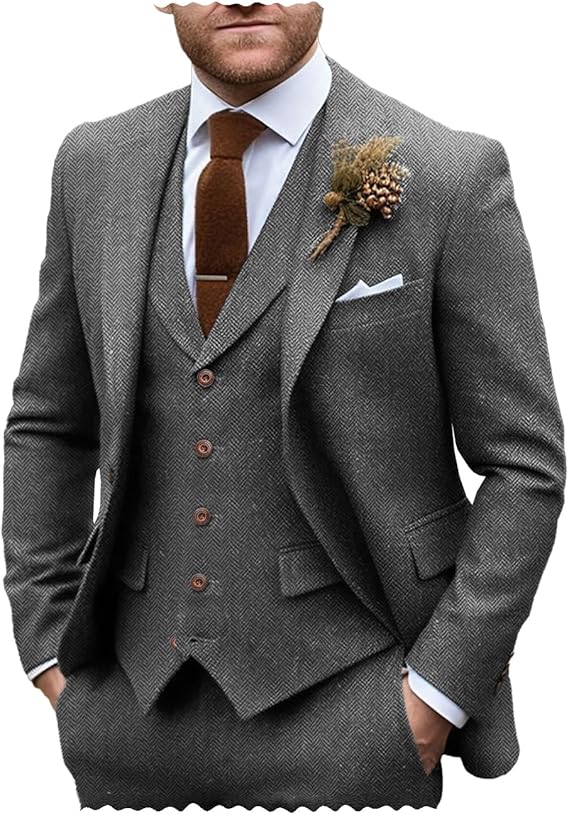 Men's Formal Suits Regular Fit 3 Piece Business Tuxedos Tweed Herringbone 