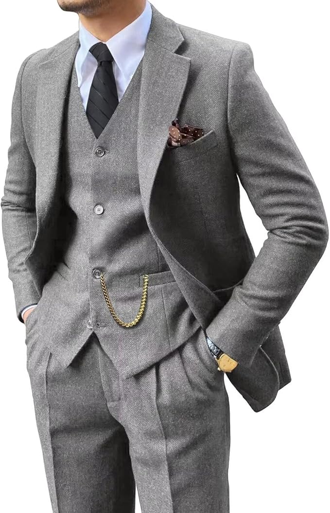 3 Piece Suit Tweed Herringbone Men's Suits Slim Fit Groom Tux
