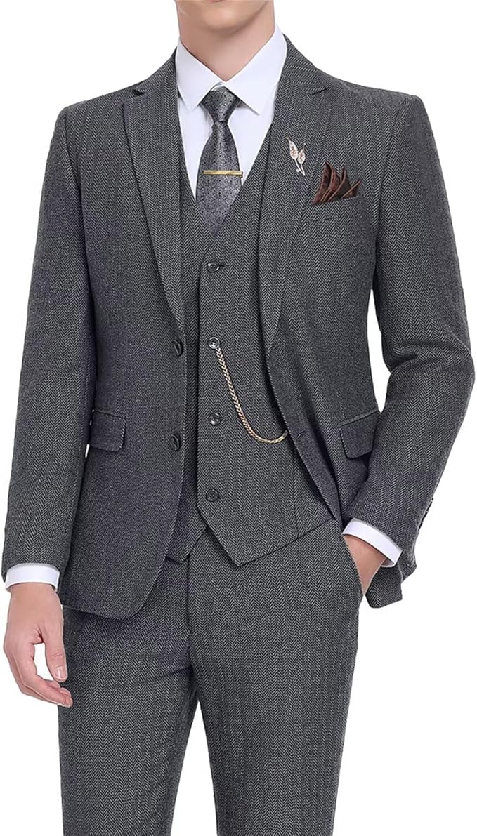 Retro Tweed 3 Piece Brown Herringbone Slim Fit Groom Tux
