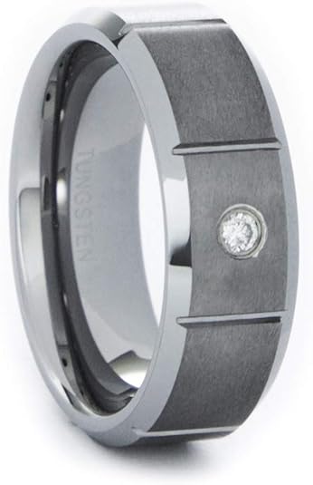 0.05ctw Round Diamond Tungsten Carbide Wedding Band with Grooves for Men | Satin Finish