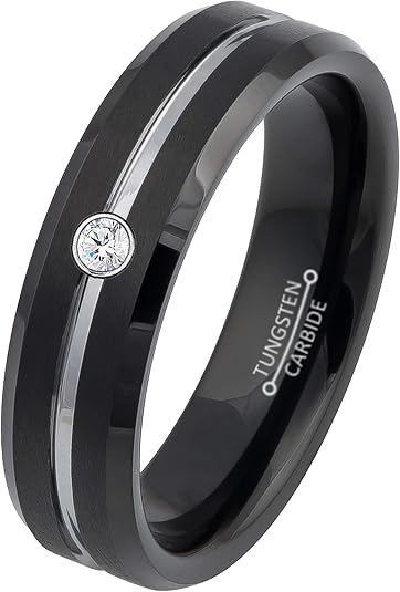 6MM Black-Plated Brushed Finish Center Silver Groove Beveled Edge Comfort Fit