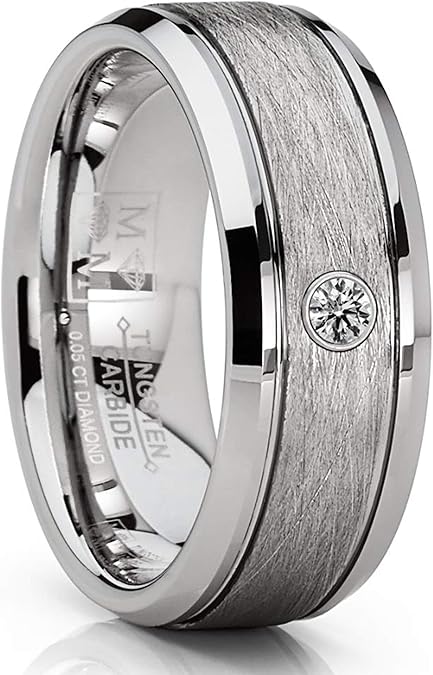 Tungsten Carbide 1/20 Cttw Diamond Brushed & Polished Grooved Men's Wedding Band