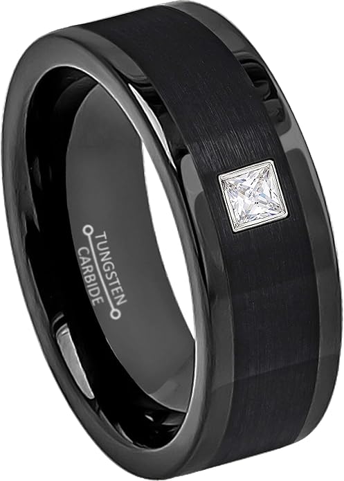 8MM Brushed Center Black Pipe Cut Tungsten Carbide Wedding Band