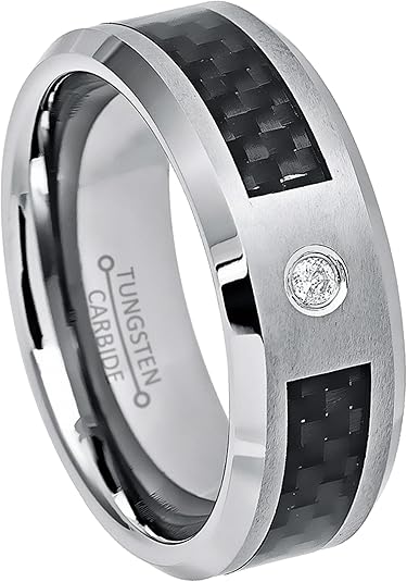 0.07ct Diamond 8mm Black Carbon Fiber Inlay Tungsten Carbide Wedding Ring