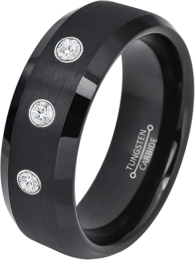 8MM Dome Black Ion-Plated Flat Brushed Finish Center Beveled Edge Comfort Fit