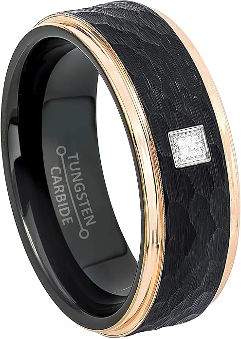 2-Tone Black & Rose Gold Hammered Tungsten Carbide Mens Wedding Band