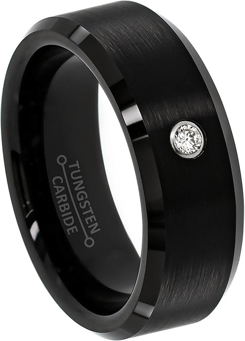0.07ct Men's Diamond Tungsten Carbide Ring 8mm Comfort Fit Beveled Black