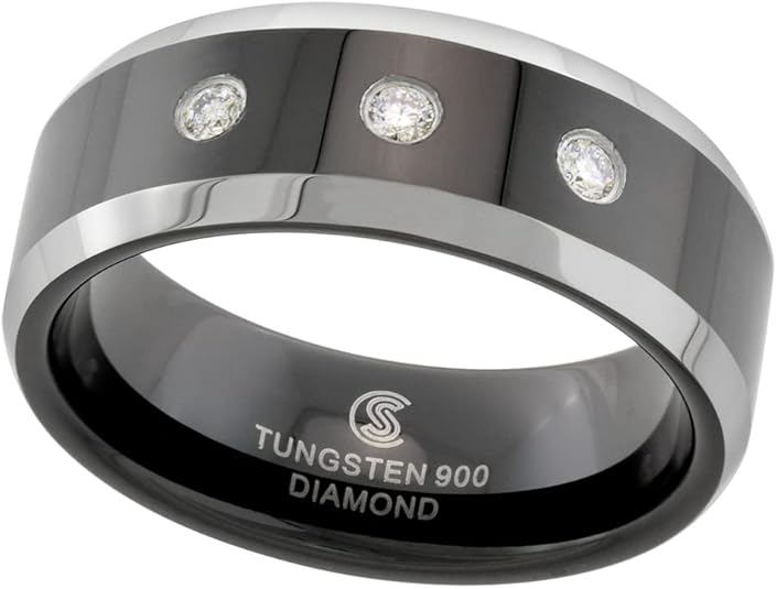 8mm Black Tungsten 3 Stone Diamond Wedding Ring Two-tone Beveled Edges